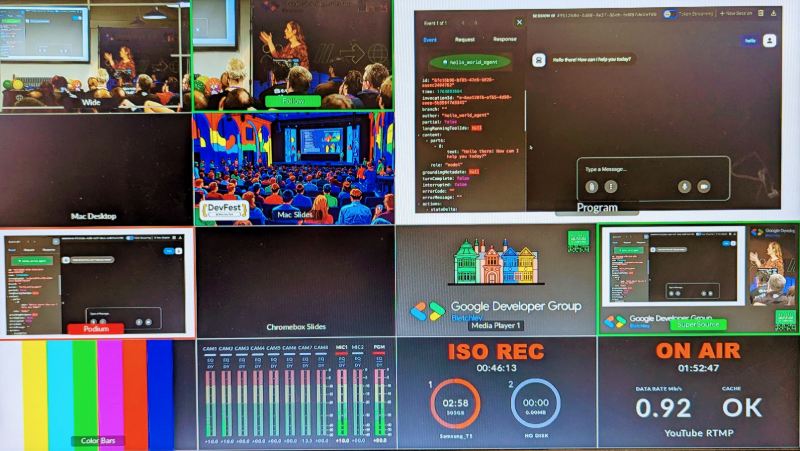 Behind the scenes shot of a camera operator filming a speaker